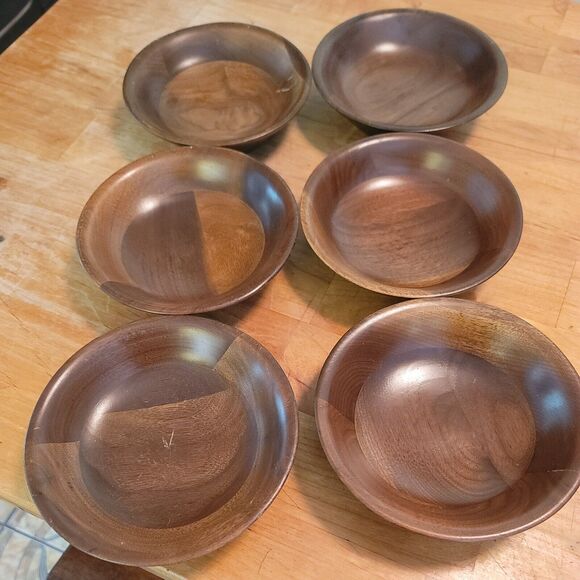 Set Of 6 Vintage Ozark Solid Wood Walnut Ware Salad Bowls 6” MCM Brown - Picture 1 of 4